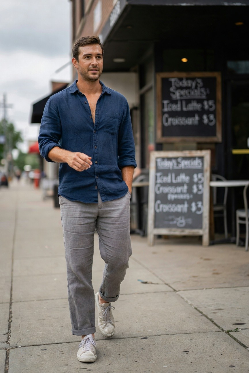 Handsome man in his 30s with short brown hair smiling slightly, wearing an open navy linen button-down shirt with rolled sleeves, light grey linen pants cuffed at ankles, and white sneakers, walking on a sidewalk near a cafe sign