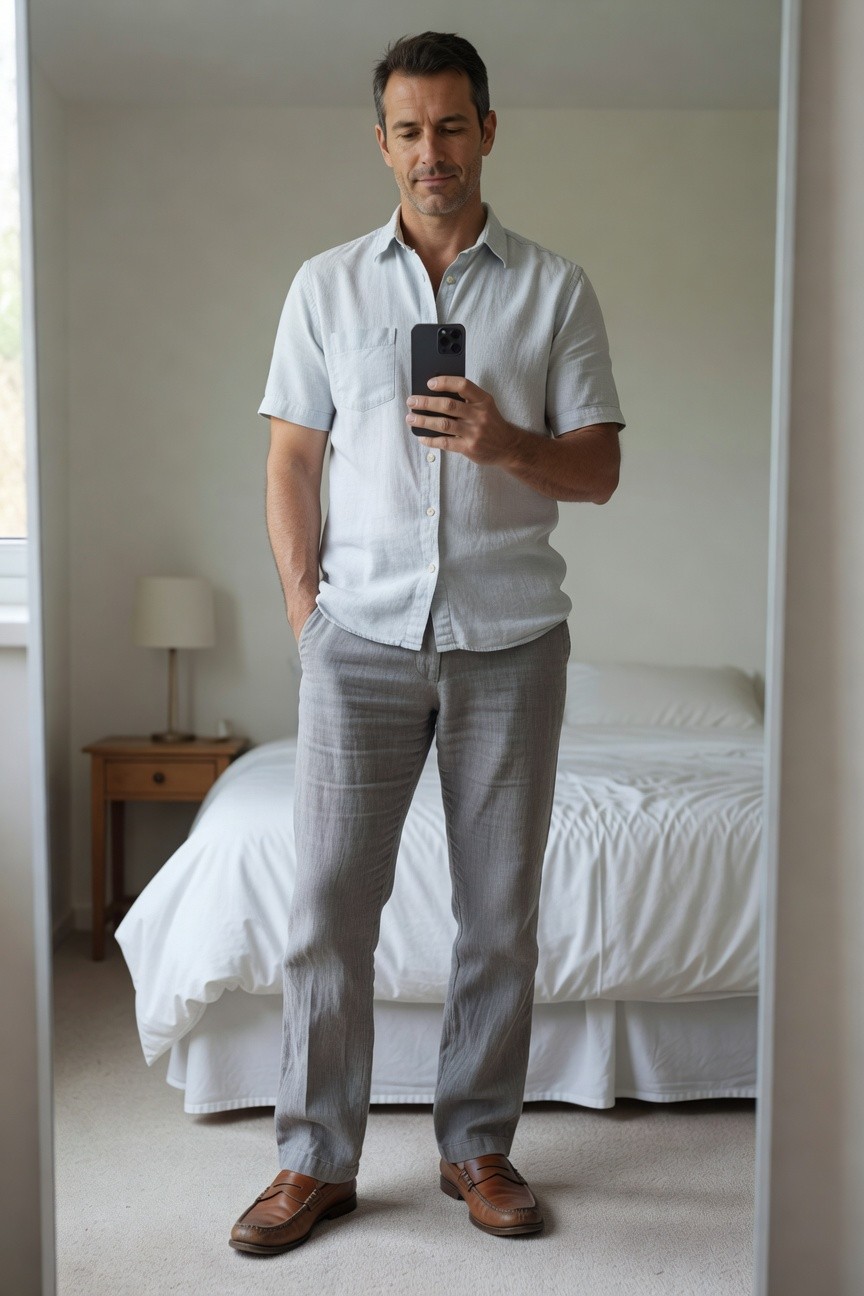 Man in mirror selfie wearing pale linen short-sleeve button-up shirt partially unbuttoned, loose grey linen pants, and brown loafers, standing in bedroom