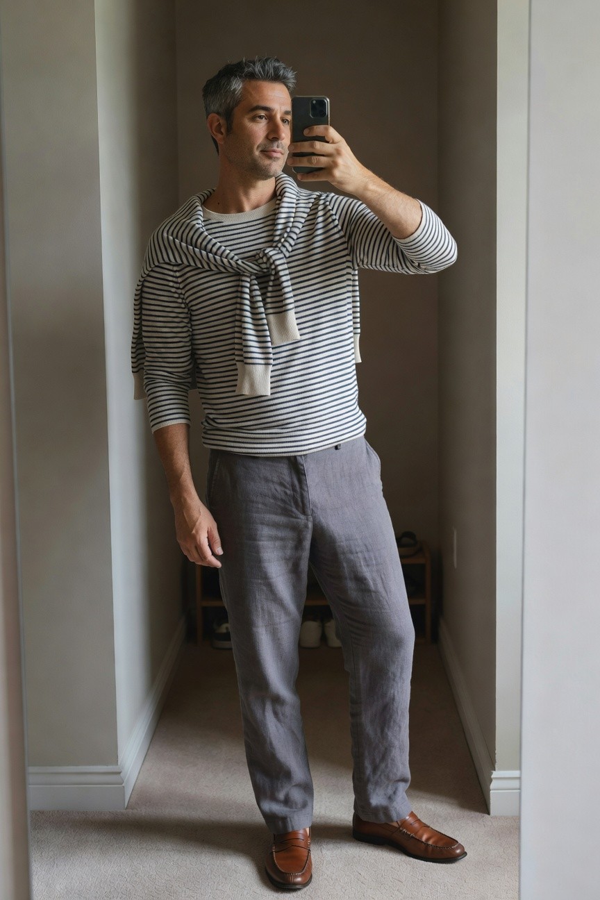 A man in a hallway mirror selfie wearing a white and navy striped long-sleeve shirt with a cream scarf draped over the shoulders, grey linen pants, and brown loafers.