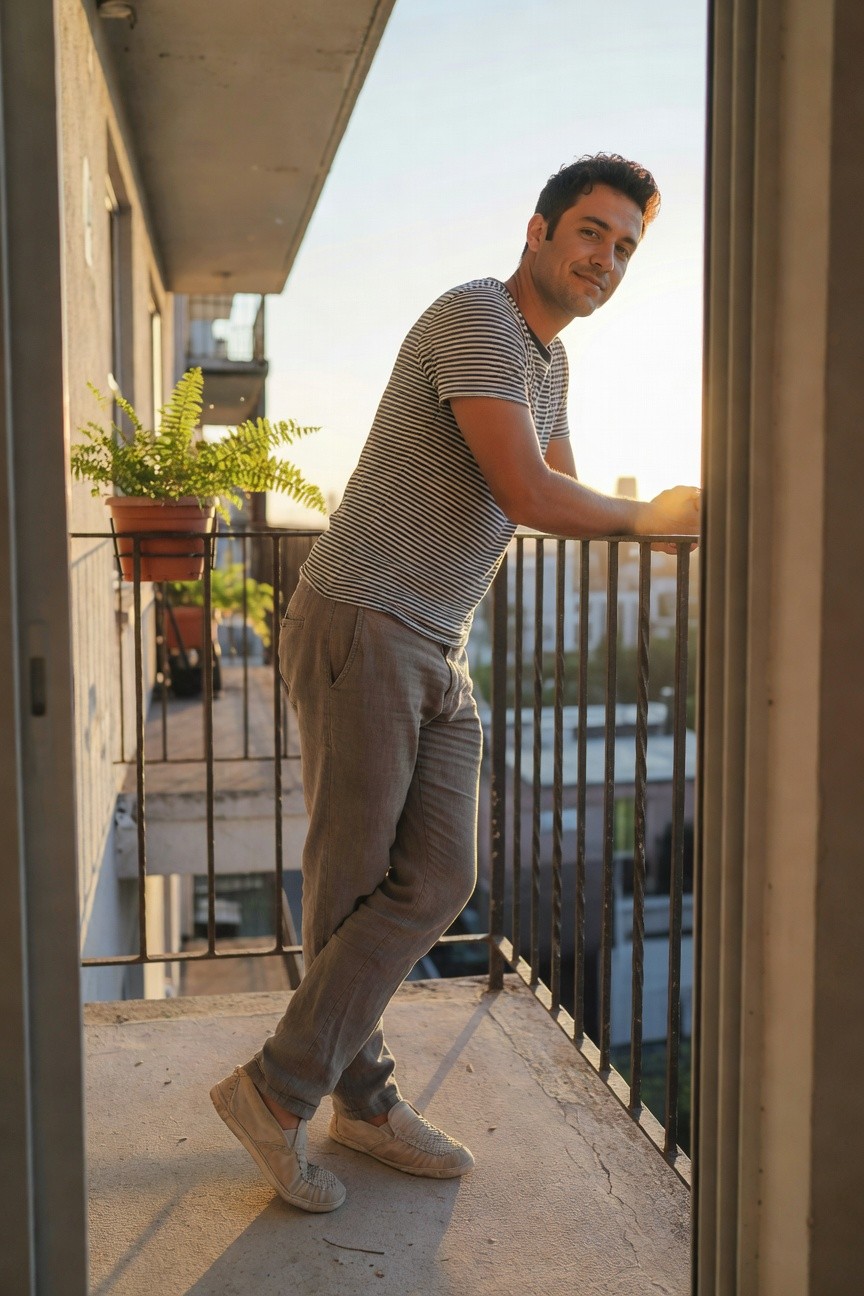Man in striped short-sleeve t-shirt, light grey relaxed pants, and white woven espadrilles, leaning on a railing