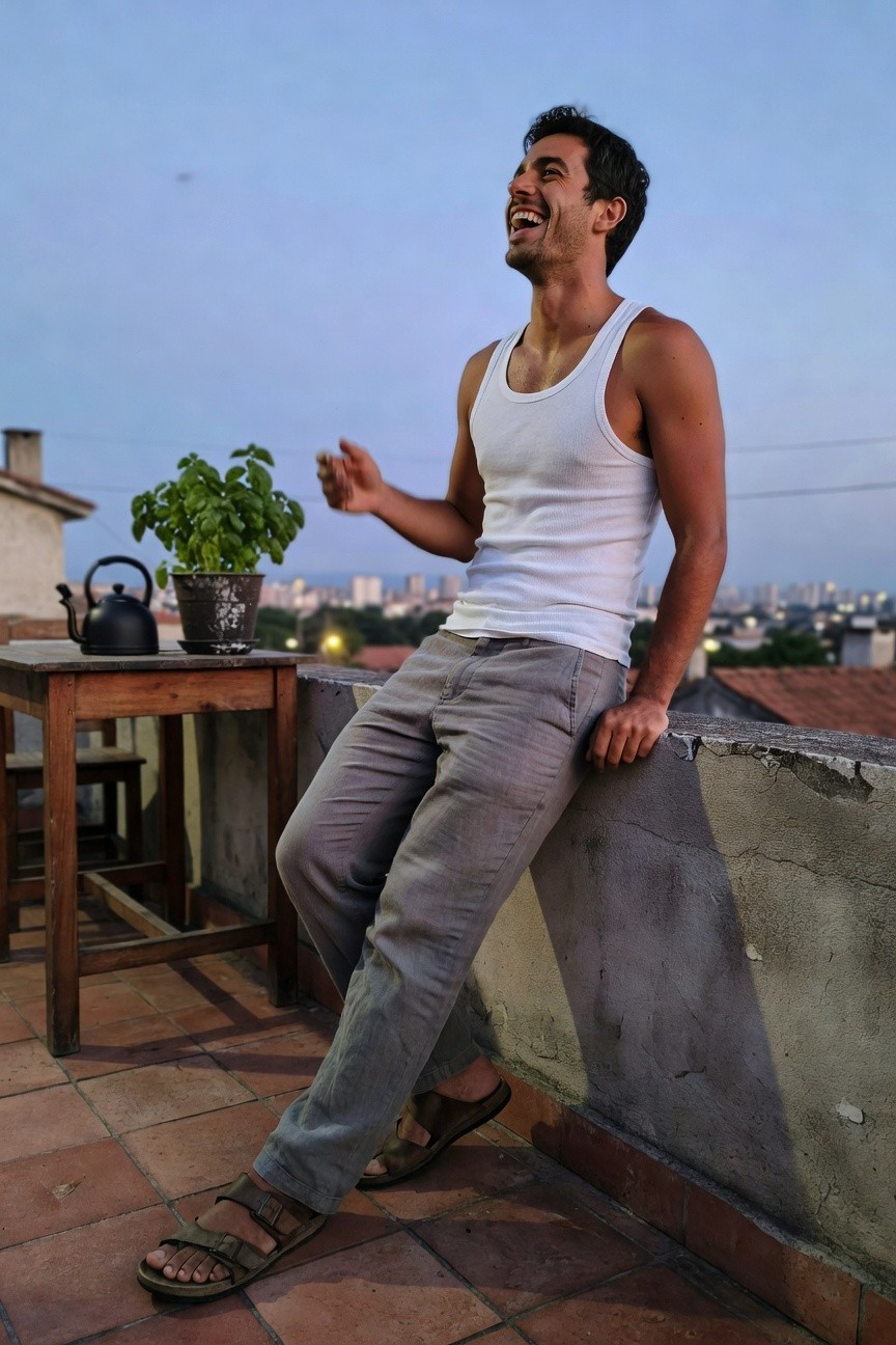 Man in white sleeveless tank top, light grey linen pants, and brown leather sandals leaning against a rooftop wall, gesturing with one hand while laughing.