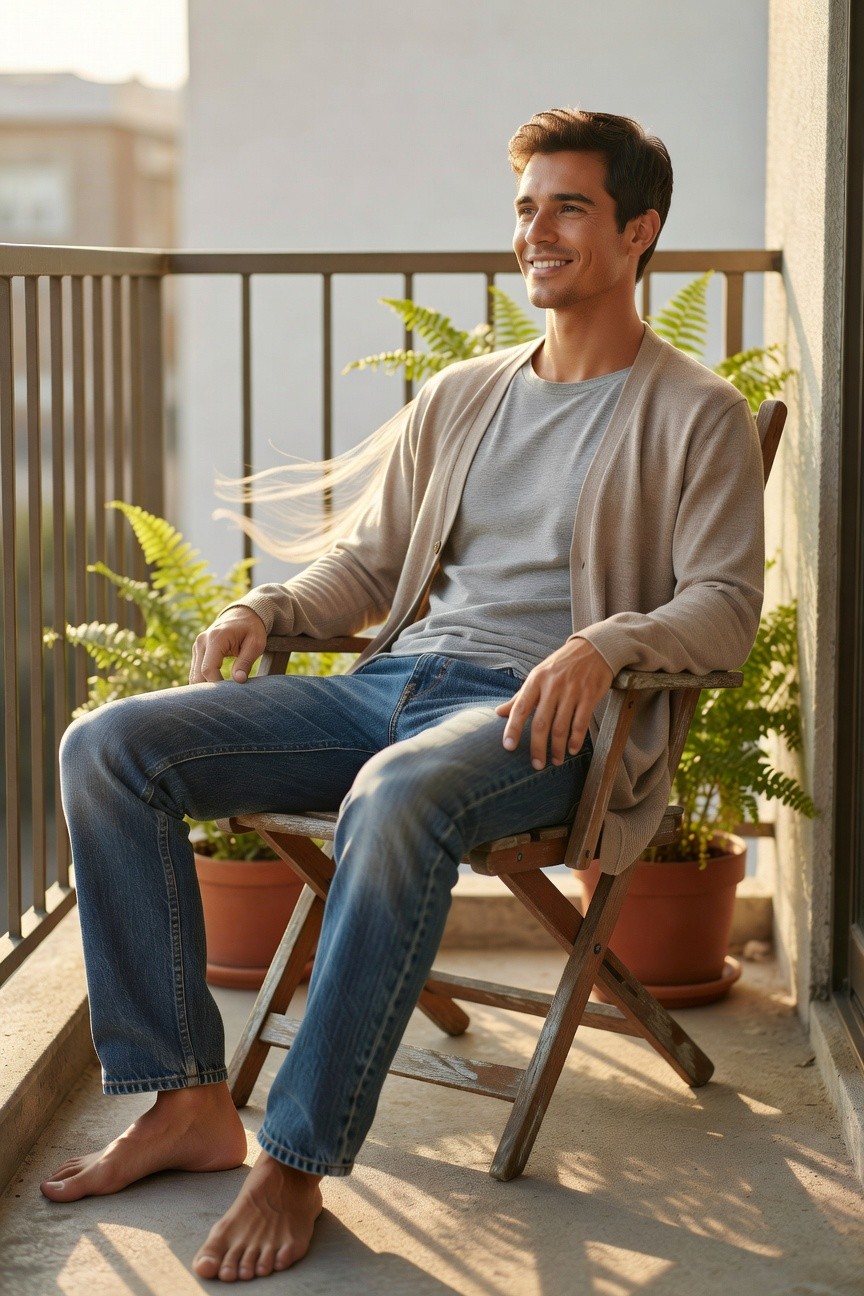 Young man lounging barefoot in beige open cardigan layered over gray t-shirt and faded blue jeans, seated on a chair with relaxed posture