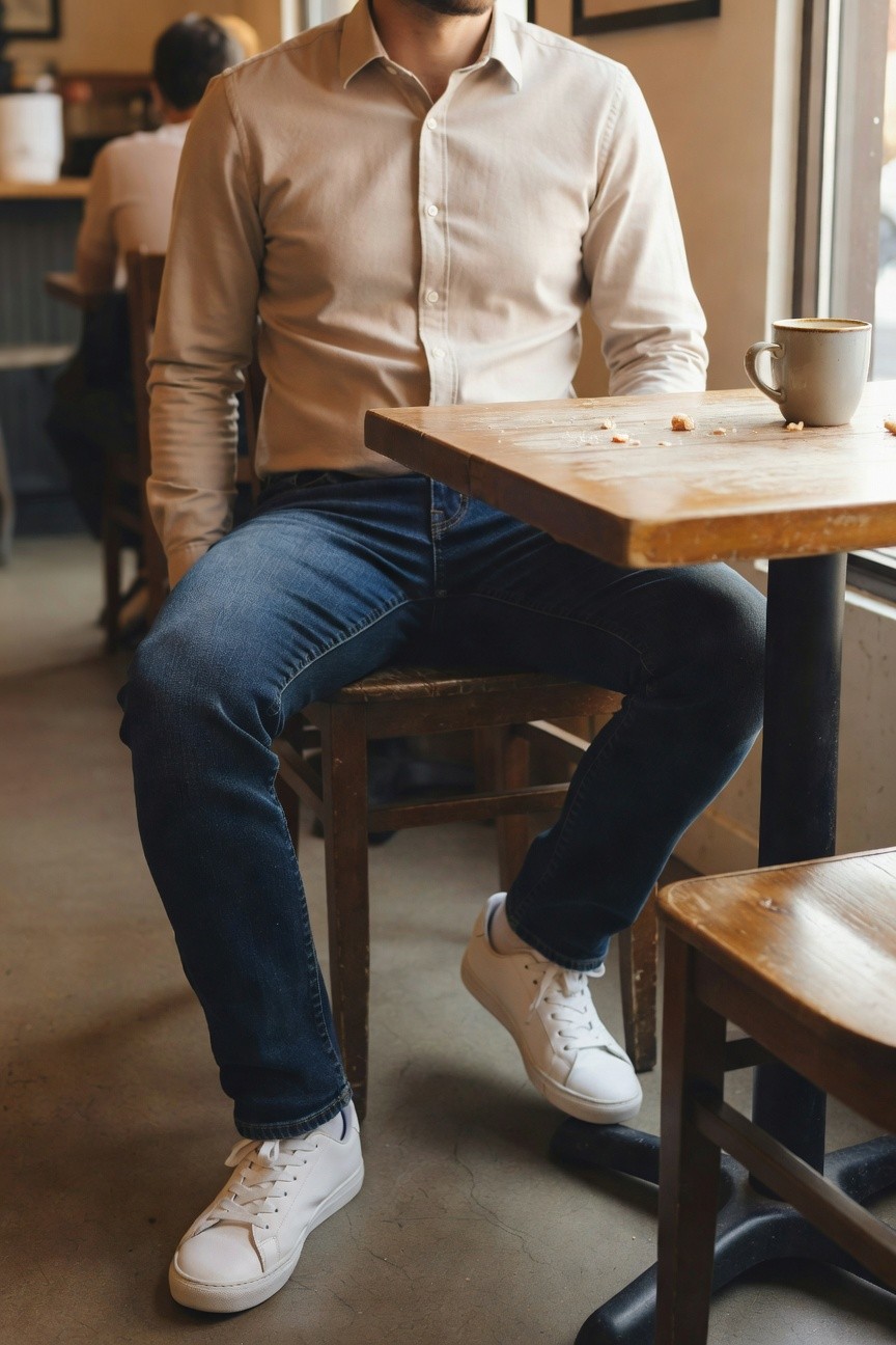 Man sitting at wooden cafe table wearing light beige long-sleeve button-up shirt, dark blue slim-fit jeans, and white sneakers, holding a coffee mug nearby with sugar crumbs on table