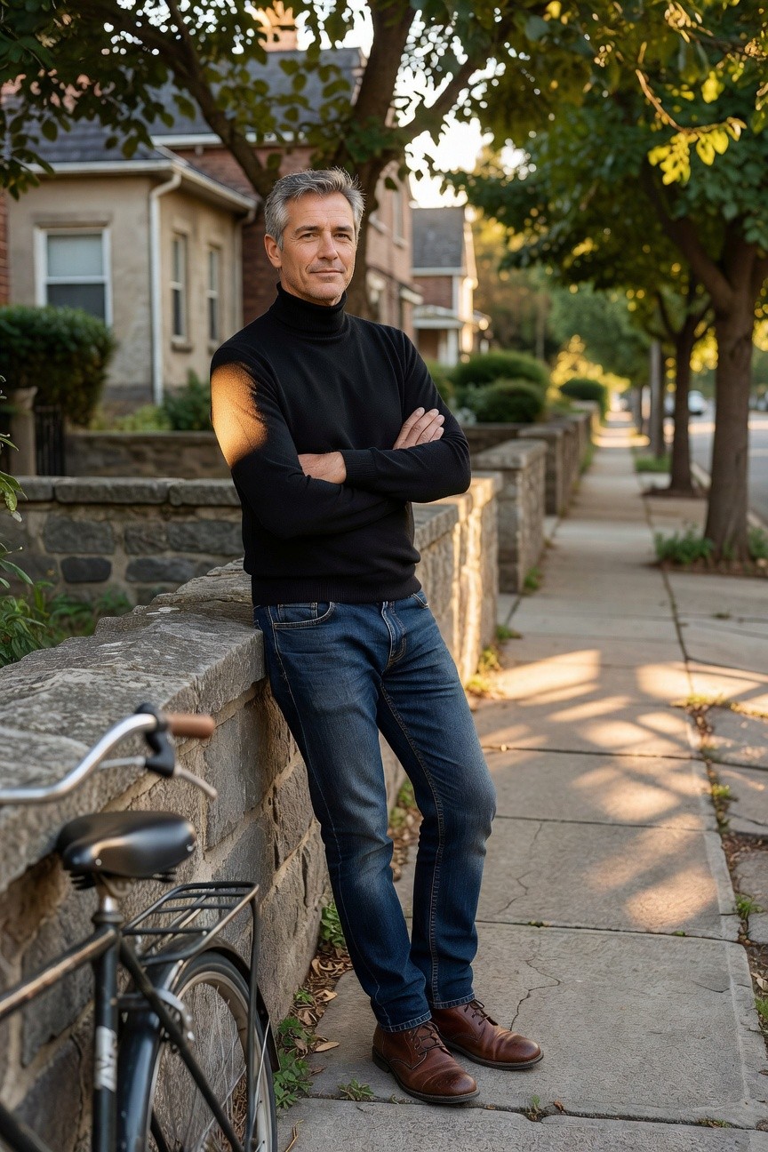 Man in his 40s with graying hair leaning against a stone wall, arms crossed, wearing a black turtleneck sweater, dark blue straight-leg jeans, and brown leather boots, with a black bicycle propped nearby on a sidewalk
