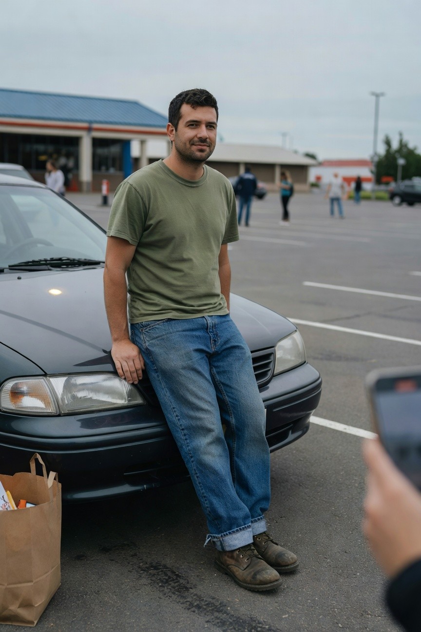 Man leaning casually on a dark sedan in olive green crew-neck t-shirt, straight-leg blue jeans cuffed at ankles, and brown leather work boots, minimalist everyday outfit in parking lot setting