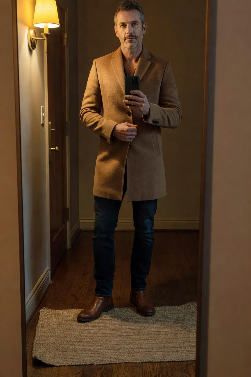 Silver-haired man in a open camel wool overcoat over black shirt, slim dark blue jeans, and brown leather chelsea boots, standing in a hallway holding a phone for a mirror selfie