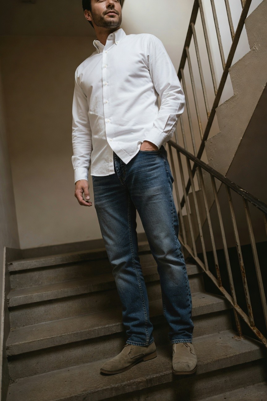 Man standing casually on concrete stairs in white long-sleeve button-down shirt, mid-blue straight-leg jeans, and tan laced suede boots, hands in pockets