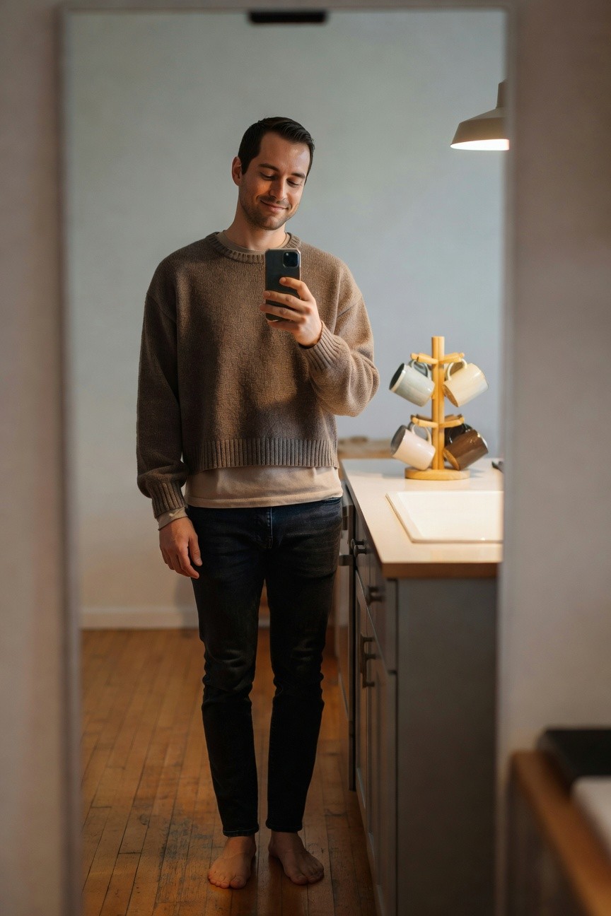 A man stands barefoot in a kitchen mirror selfie wearing a textured beige cropped knit sweater layered over a cream tank top tucked into dark slim-fit jeans, creating a clean minimalist casual outfit with neutral tones and relaxed fit.