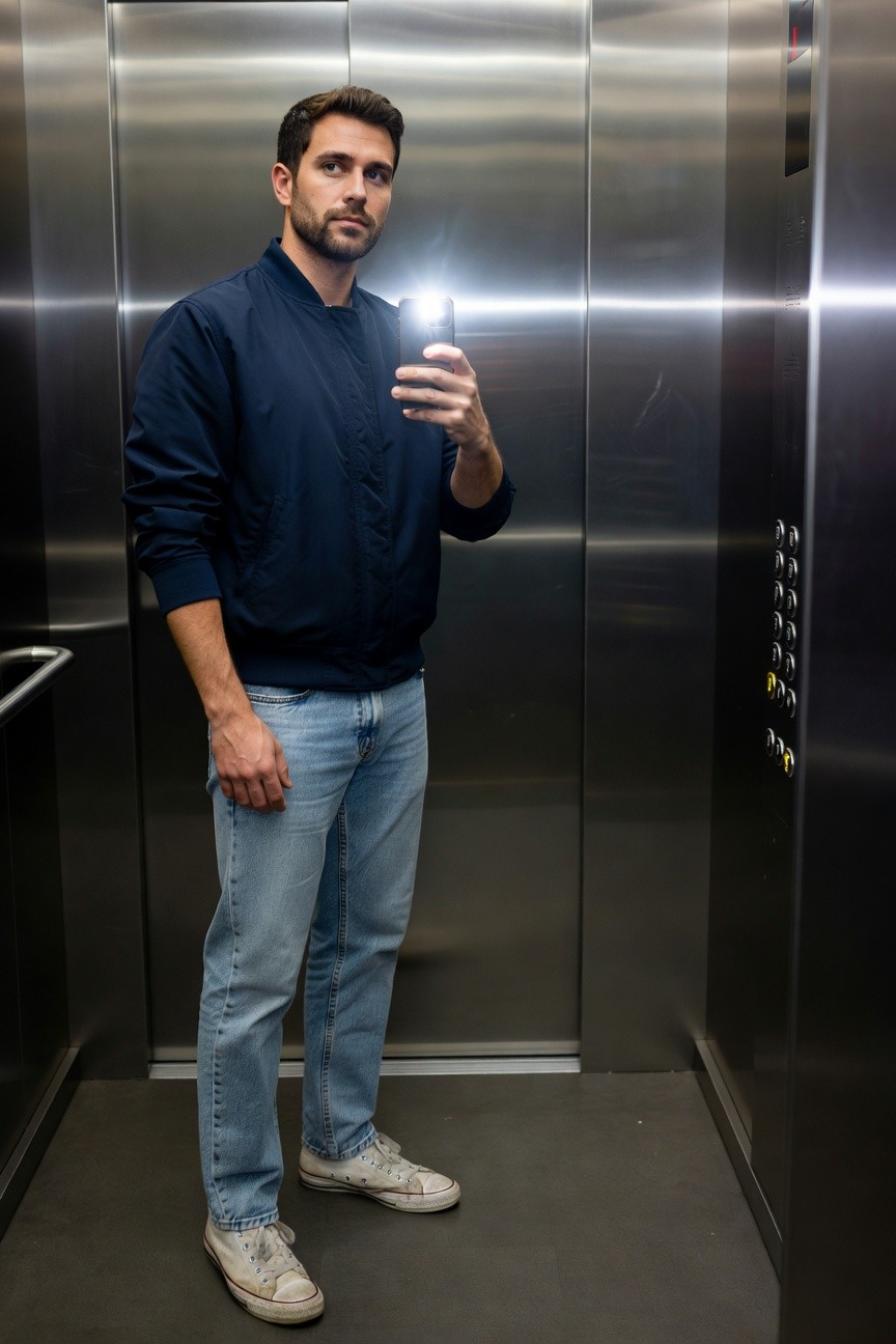 A man stands in a steel elevator taking a selfie, wearing a dark navy nylon bomber jacket unzipped over a t-shirt, light wash straight-leg jeans, and white low-top Converse sneakers, flash lit for a casual minimalist look.