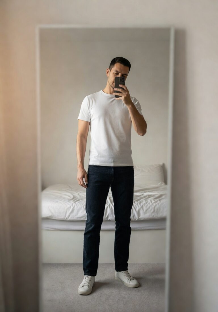 Man taking mirror selfie in bedroom, dressed in plain white short-sleeve t-shirt tucked into straight-leg medium blue jeans and white low-top sneakers, standing casually with phone in hand
