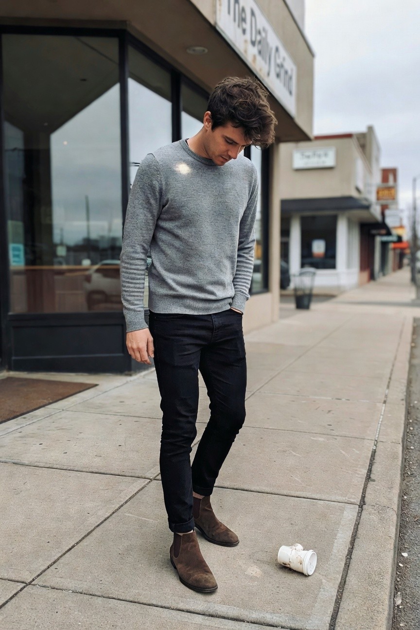 Man in light gray crewneck sweater, slim black jeans, and brown suede Chelsea boots standing casually on urban sidewalk near coffee shop entrance with discarded white cup on ground