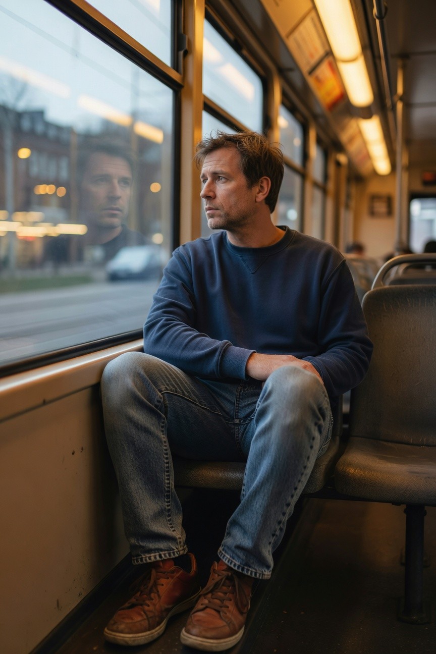 Man in navy crewneck sweatshirt, light wash distressed jeans, and reddish-brown sneakers, seated on public transport looking out the window