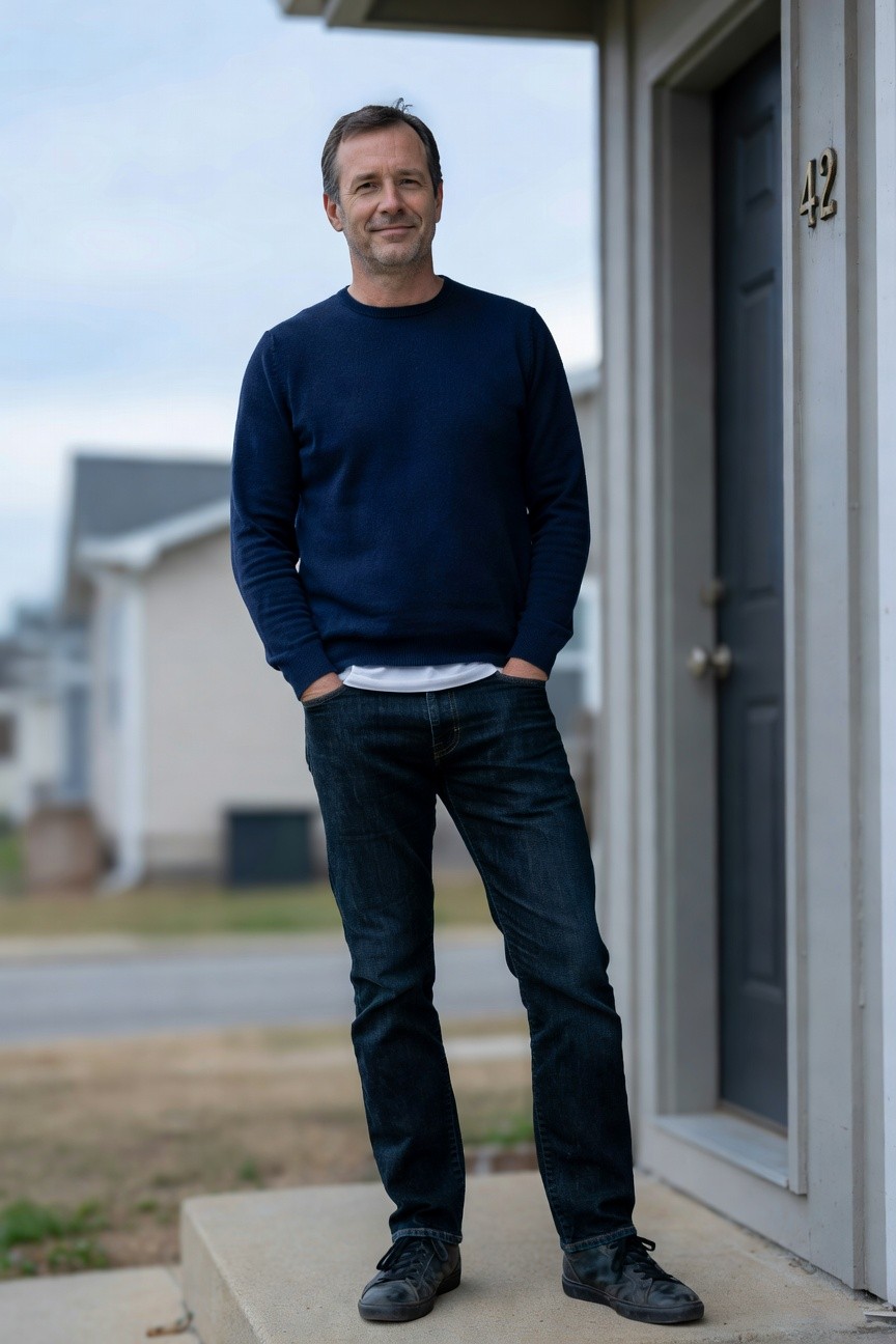 Man standing casually on a porch step in a navy knit crewneck sweater layered over a white t-shirt, dark straight-leg jeans, and black canvas sneakers, arms crossed with hands in pockets for a clean minimalist look