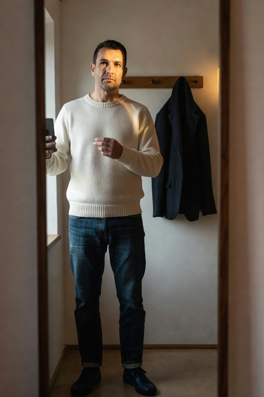 Man standing in cream knit crewneck sweater dark blue slim cuffed jeans and black leather shoes holding phone in front of full length mirror with dark jacket hanging nearby