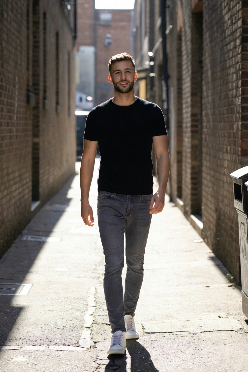 Man in black short-sleeve t-shirt, slim grey jeans, and white sneakers walking down a narrow brick alley