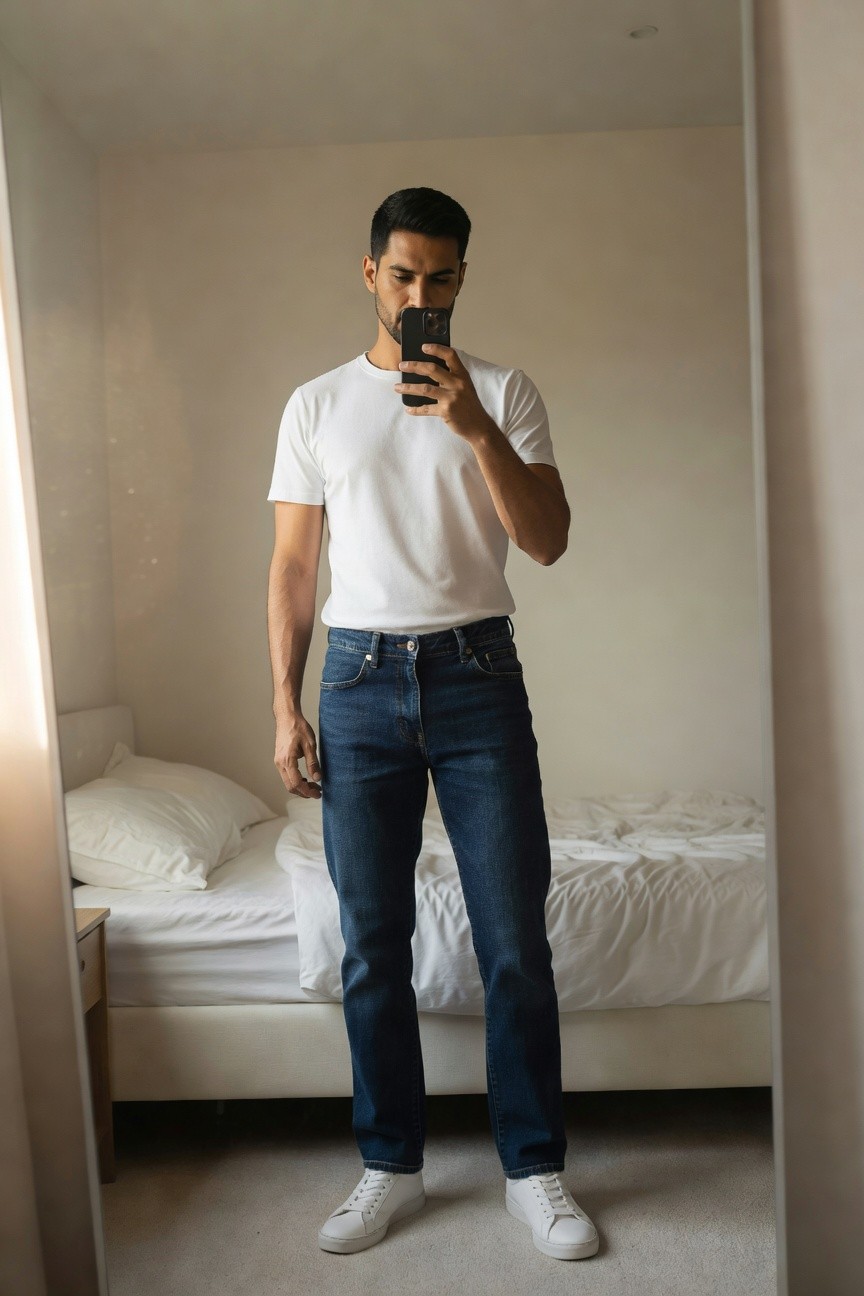 Man taking mirror selfie in bedroom, dressed in plain white short-sleeve t-shirt tucked into straight-leg medium blue jeans and white low-top sneakers, standing casually with phone in hand