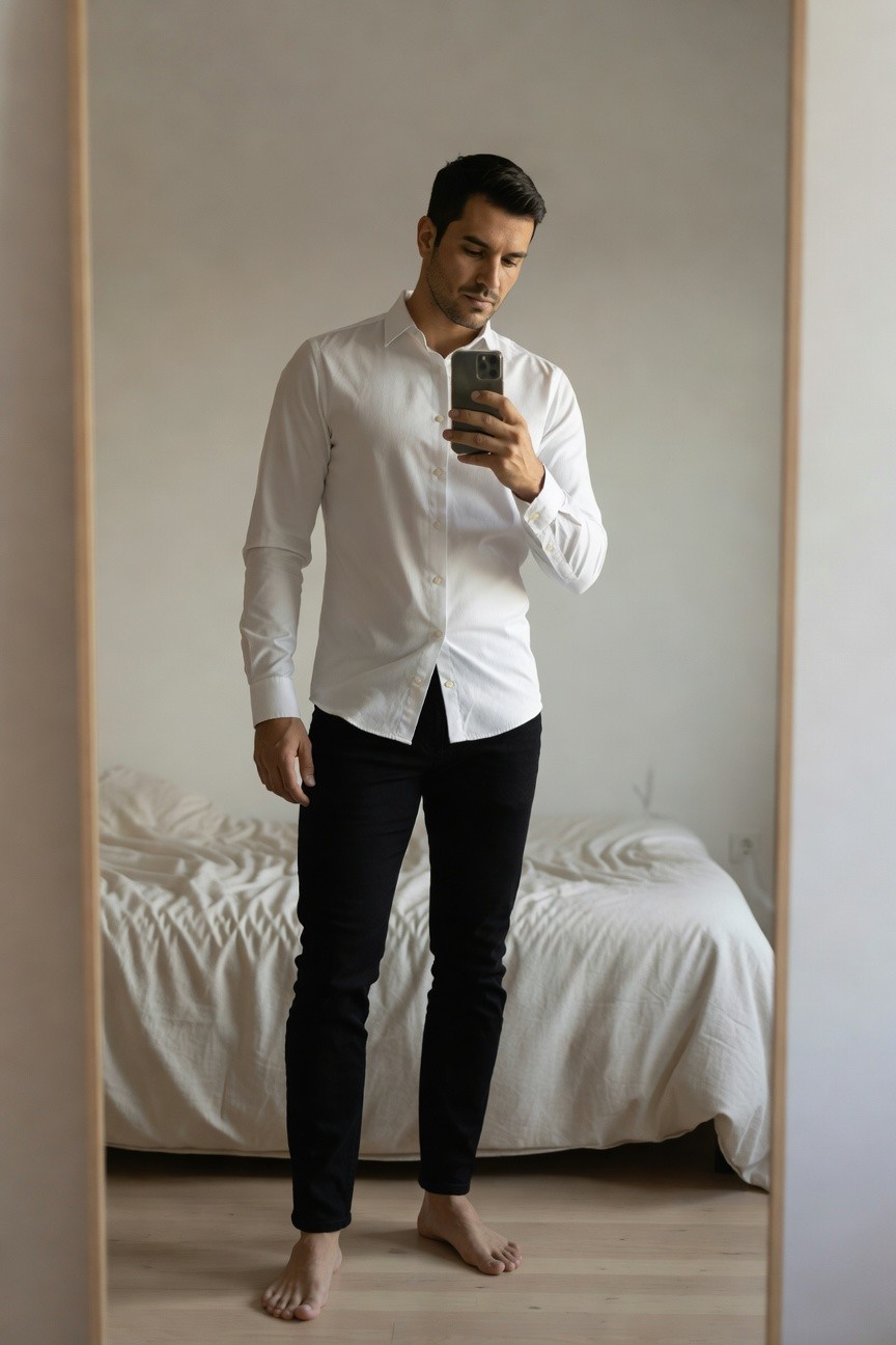 Man taking mirror selfie in white long-sleeve button-up shirt untucked over slim black jeans, barefoot on wood floor in minimalist bedroom with white bed