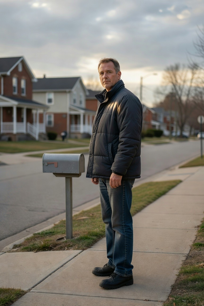 Man in black quilted puffer jacket, dark blue straight-leg jeans, and black chunky boots, standing casually with hands in pockets
