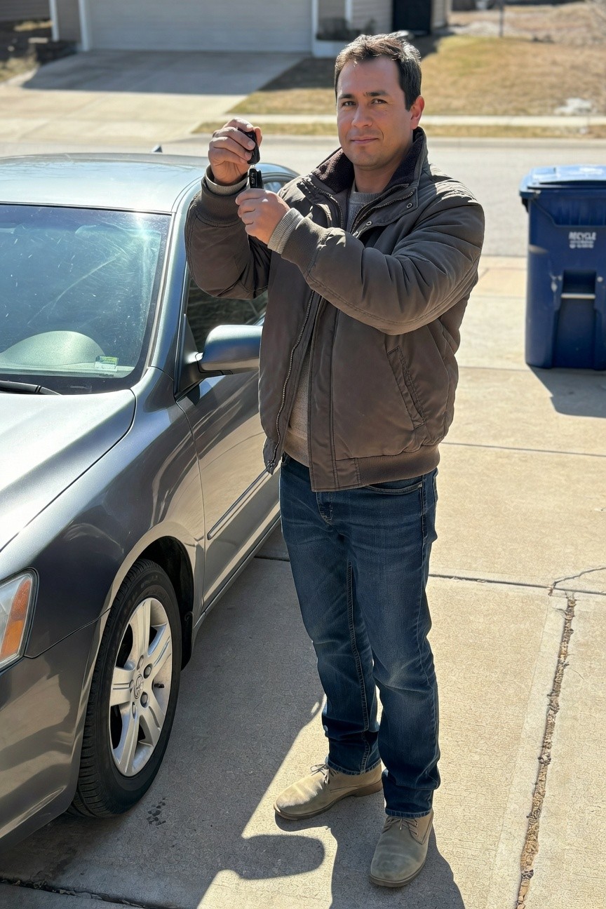 Man in brown suede-style jacket over gray sweater, dark blue jeans, and tan suede boots, standing beside silver car on driveway holding key fob