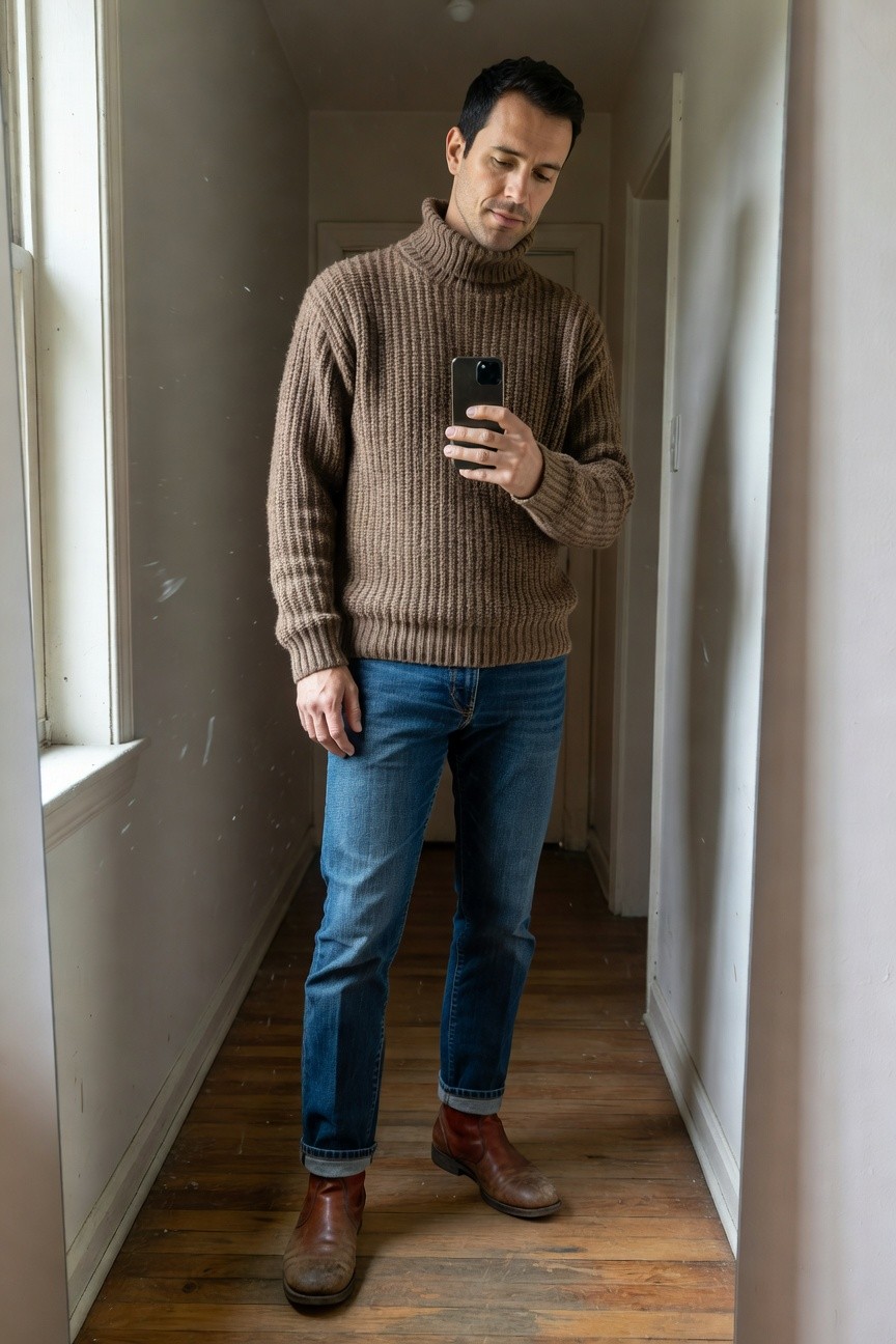 Man taking a mirror selfie in a hallway wearing a textured brown knit turtleneck sweater, straight-leg blue jeans cuffed at the ankles, and brown leather ankle boots