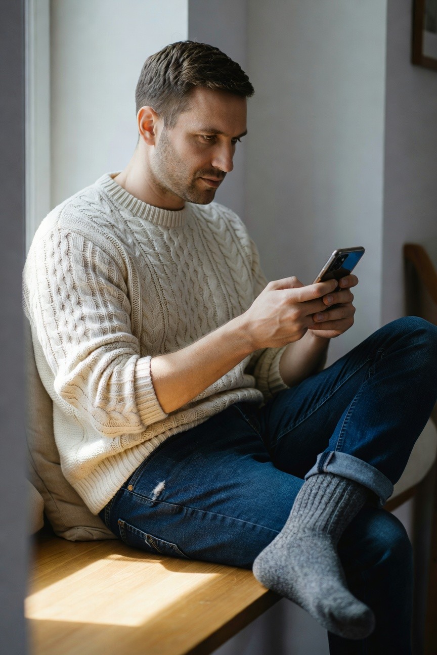 Handsome man in his 30s with short brown hair and stubble, wearing a cream cable-knit sweater, slim blue jeans cuffed at the ankles showing gray wool socks, sitting casually while checking his phone