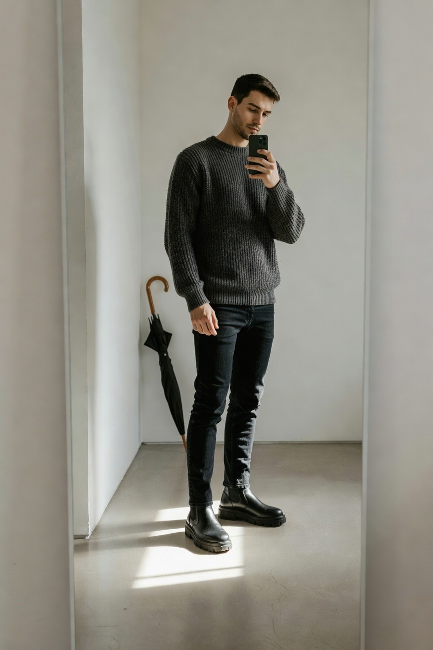 Man in chunky gray knit sweater, slim black jeans, and black platform chelsea boots, taking a mirror selfie next to a black umbrella with wooden handle in a minimalist white room