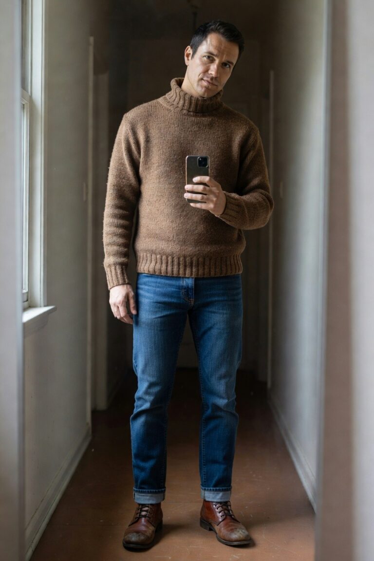 Man taking a mirror selfie in a hallway wearing a textured brown knit turtleneck sweater, straight-leg blue jeans cuffed at the ankles, and brown leather ankle boots