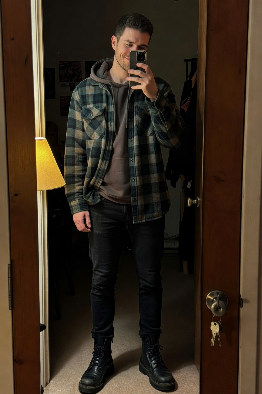 Man in green-black plaid flannel shirt over gray hoodie, slim black jeans, and black laced combat boots, selfie in doorway