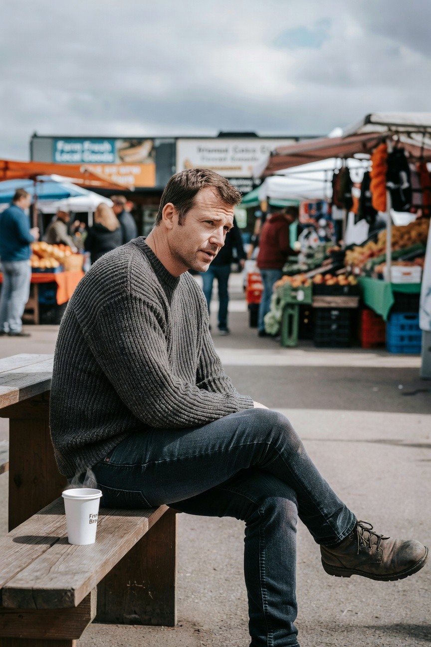 Man in gray cable knit sweater, dark slim jeans, and brown work boots sitting on a wooden bench with a white coffee cup nearby, arms crossed casually