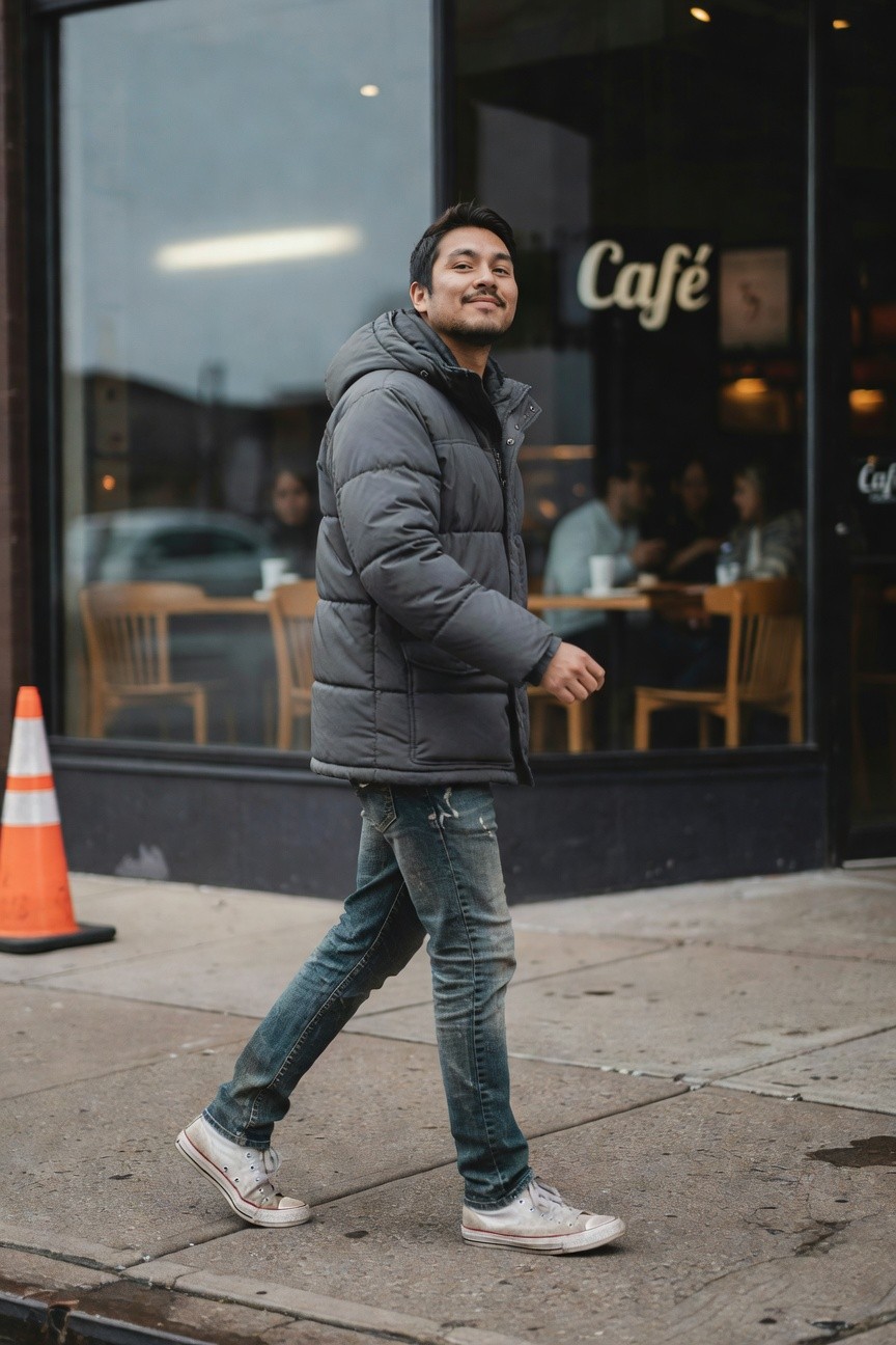 Man in gray hooded puffer jacket over dark hoodie, distressed blue jeans, and white Converse sneakers, walking casually with hand in pocket.
