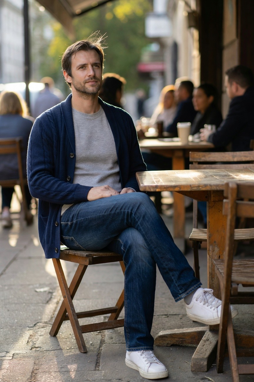 Man sitting at a wooden café table wearing an open navy knit cardigan over a gray crewneck t-shirt, blue straight-leg jeans, and white sneakers, with relaxed posture
