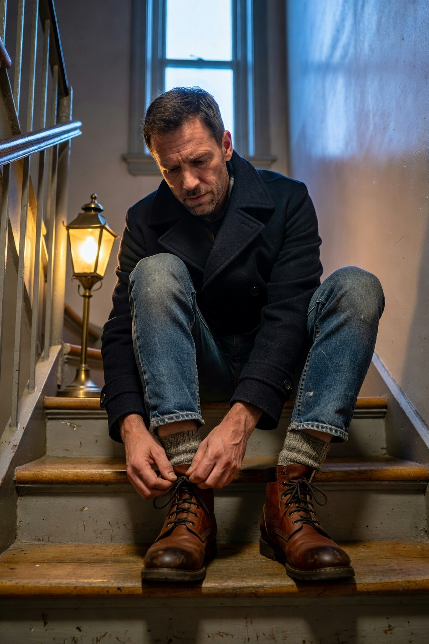 Man in his 40s sitting on wooden stairs, lacing up brown leather work boots over gray wool socks, dressed in faded blue jeans and a dark navy wool peacoat, indoor setting with warm lantern light