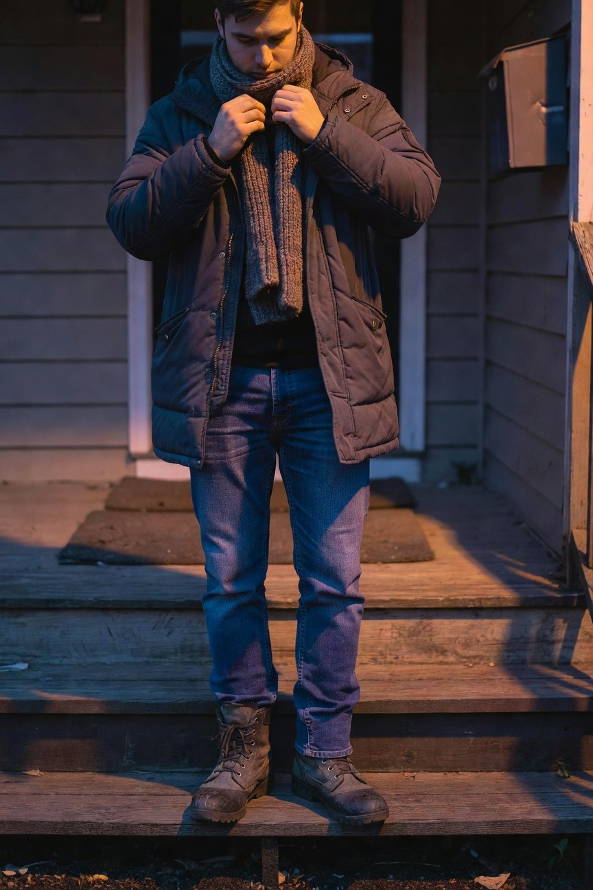 Man standing on wooden porch steps in navy quilted puffer jacket layered over gray scarf and dark shirt, paired with slim blue jeans and dark laced combat boots, adjusting his scarf.