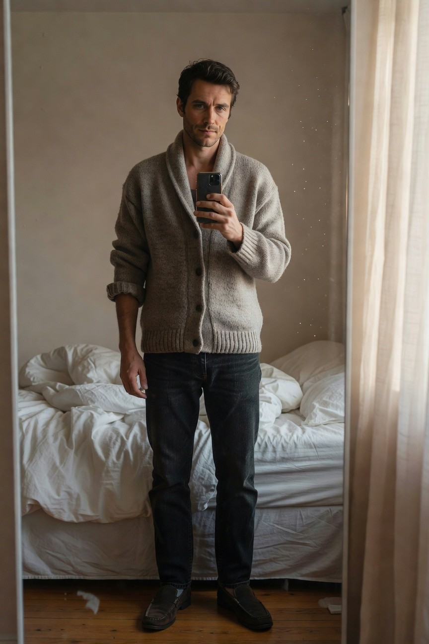 Man in mirror selfie wearing open light gray knit shawl-collar cardigan over bare chest dark straight-leg jeans and brown suede loafers standing by unmade bed