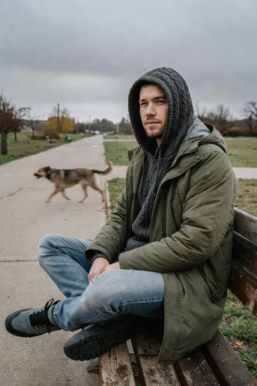 Man seated cross-legged on bench in olive green parka jacket layered over grey knit hoodie, medium blue jeans, and grey chunky sneakers