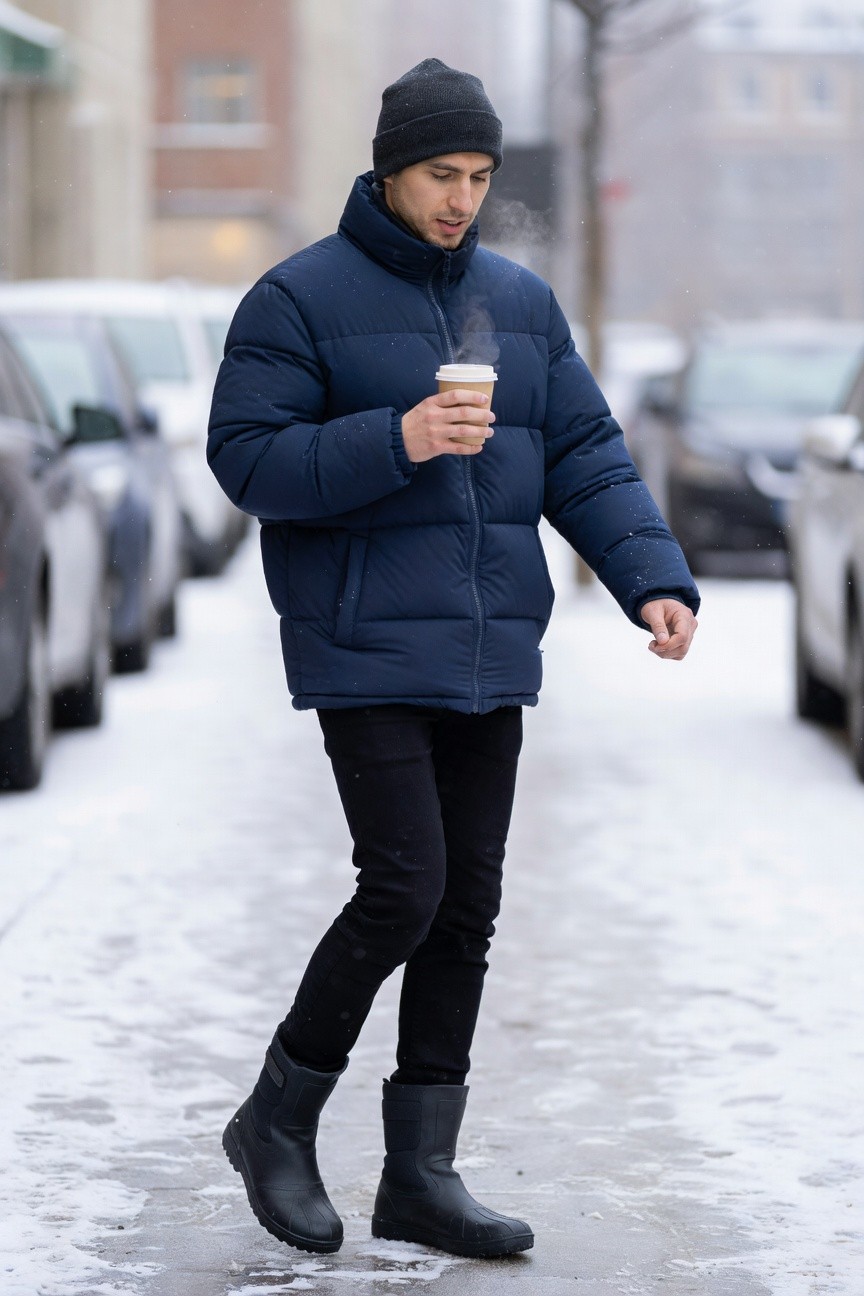 Man in navy puffer jacket, black beanie, slim black jeans, and black rubber boots, holding steaming coffee cup while walking on snowy street