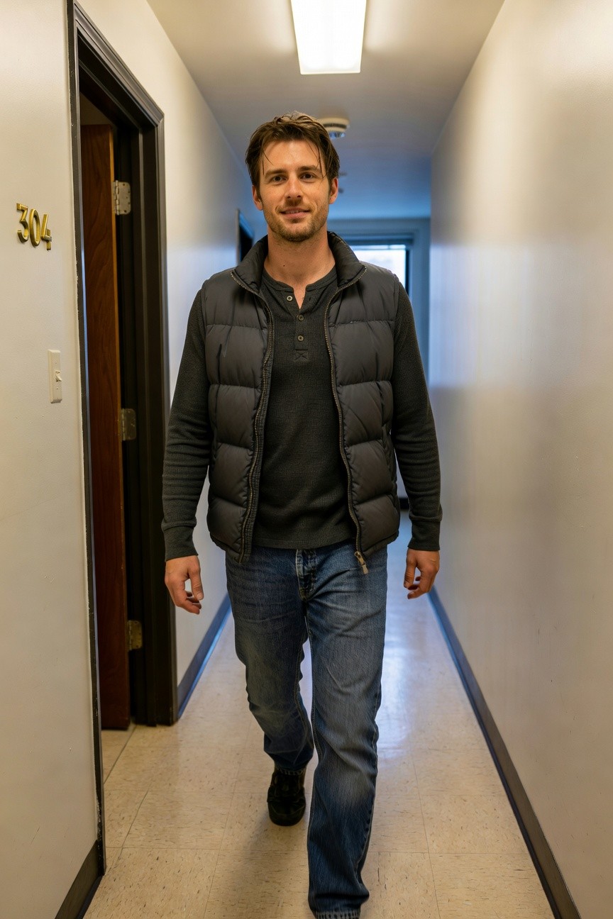 Man walking down indoor hallway in dark gray quilted puffer vest over charcoal long-sleeve henley shirt, dark blue straight-leg jeans, and black boots, smiling at camera near door labeled 704