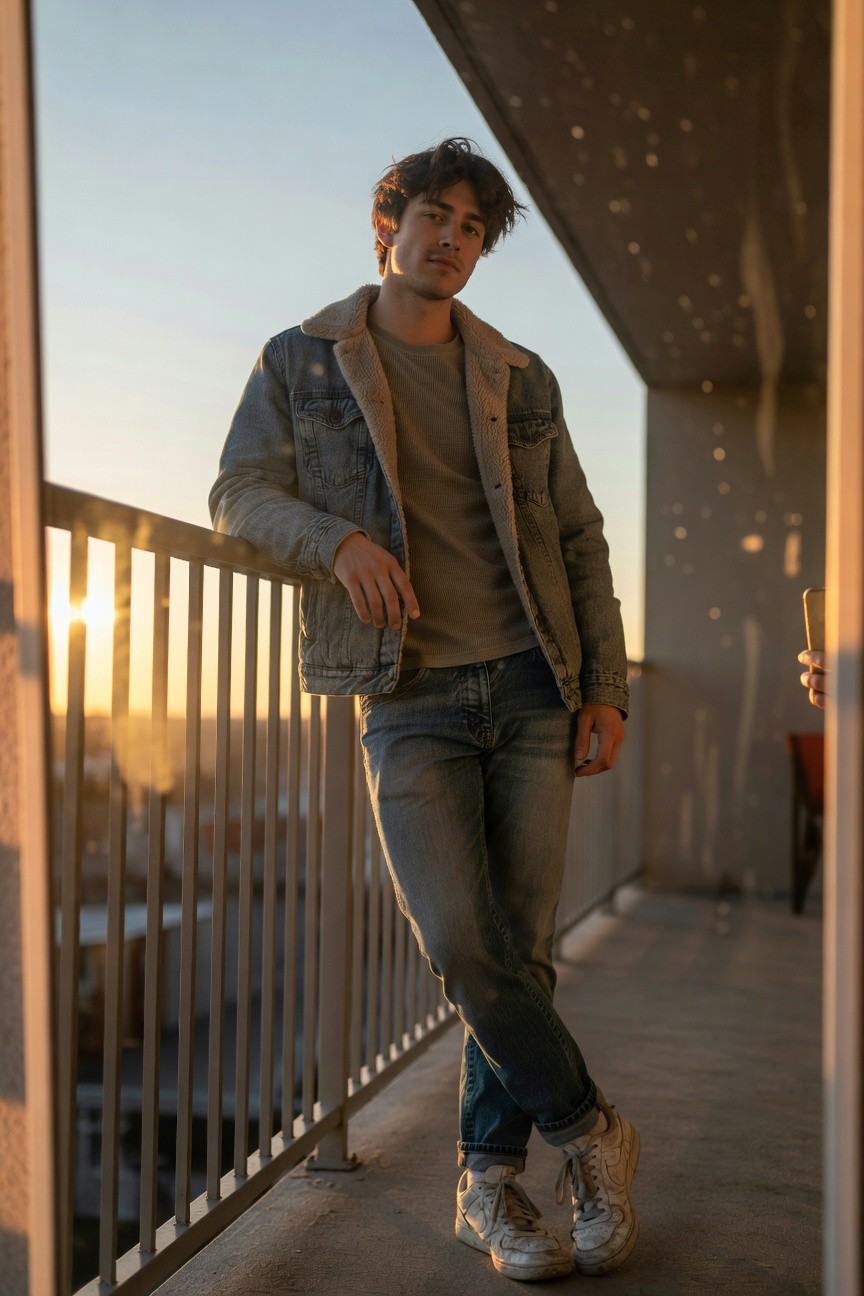 A man leaning against a balcony railing in a light wash distressed denim jacket with shearling collar and cuffs over a beige knit sweater, paired with slim cuffed blue jeans and white sneakers, casual winter outfit.
