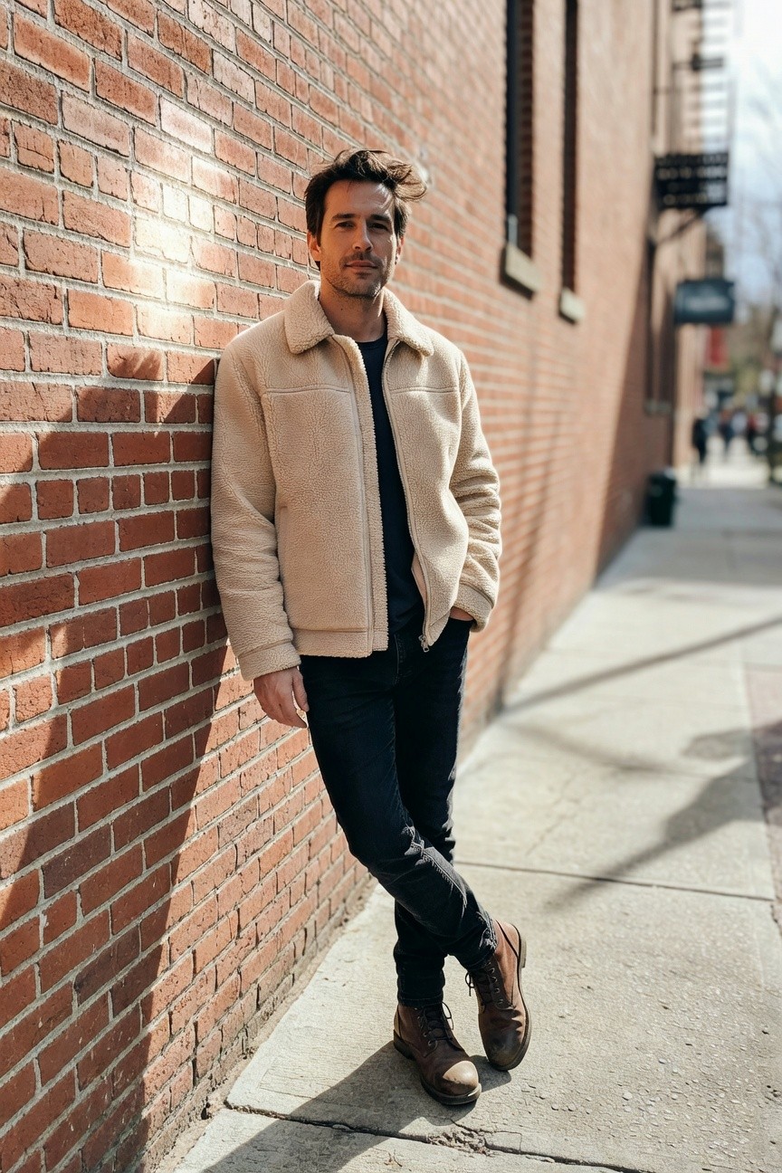 Man in light beige shearling-trimmed jacket over navy t-shirt, slim distressed black jeans, and brown lace-up leather boots, leaning casually with hands in pockets