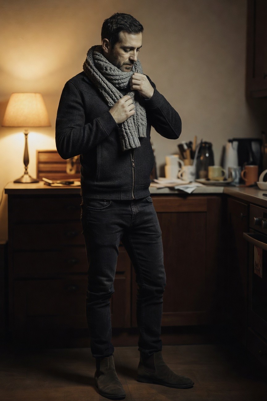 Man in black zip-up jacket layered with thick gray knit scarf, dark slim jeans, and brown suede Chelsea boots, standing in a cozy kitchen