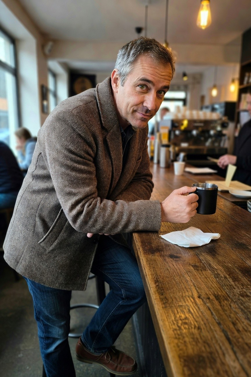 Man in brown tweed jacket, blue jeans, and brown loafers leaning on a cafe bar counter holding a black travel mug, smiling slightly with graying hair