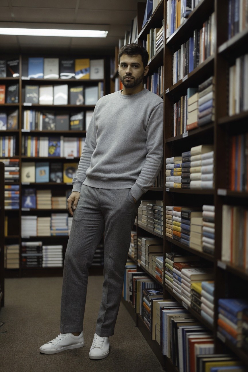 A man in a light grey knit crewneck sweater, mid-grey slim trousers, and white leather sneakers leans casually against wooden bookshelves with one hand in his pocket