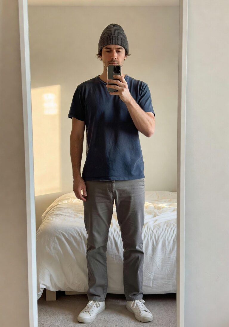 Man in a mirror selfie wearing a grey knit beanie, navy short-sleeve t-shirt, slim grey pants, white sneakers, and a thin chain necklace, standing in a simple bedroom