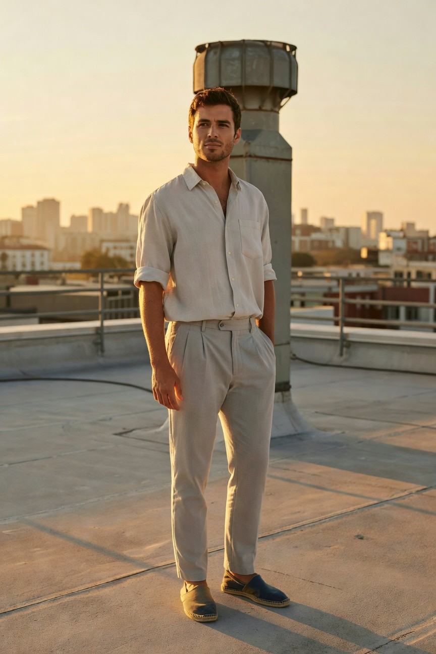 Man standing in light grey linen button-down shirt with rolled sleeves and open collar, matched with pleated light grey linen pants and navy espadrilles on a rooftop
