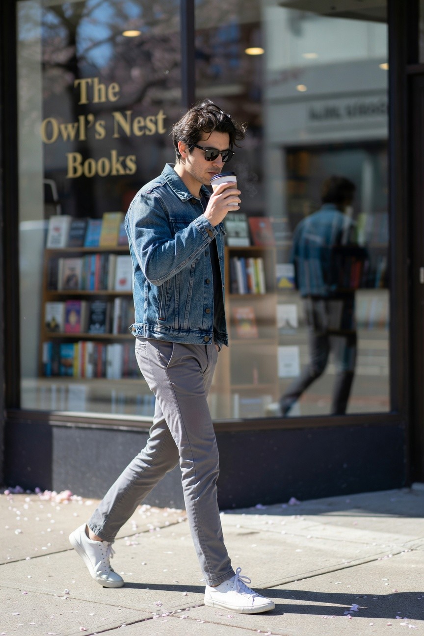 Man walking on sidewalk in front of bookstore window, wearing open blue denim jacket, slim grey pants, white sneakers, sunglasses, holding coffee cup