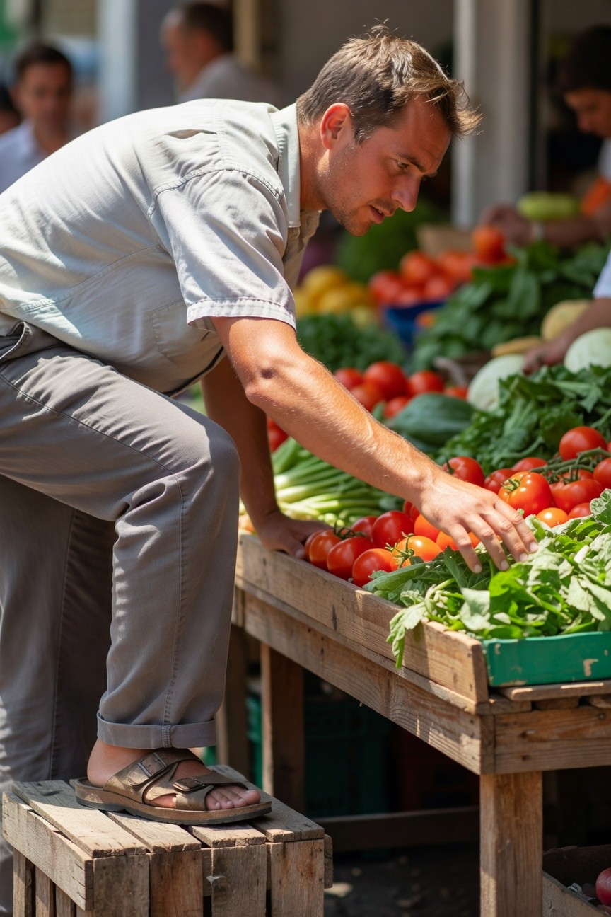 Man in a light beige short-sleeve button-up shirt, slim grey pants with rolled cuffs, and brown leather sandals, bending to examine vegetables at a market stall