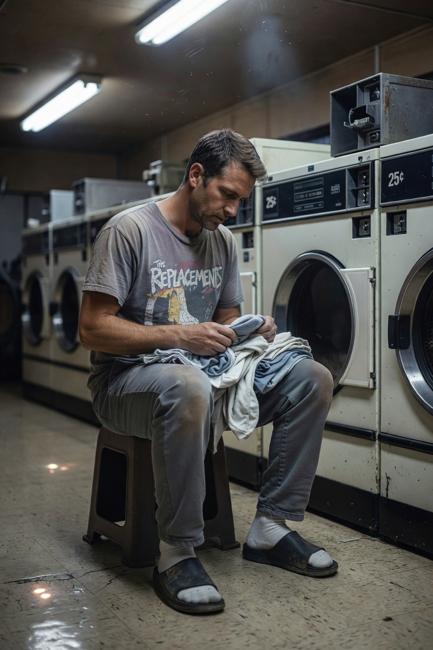 A man sitting on a stool in a laundromat, wearing faded grey pants, a worn grey T-shirt with The Replacements graphic, white socks, and black flip-flops, holding laundry clothes.