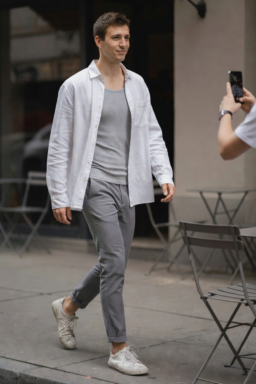 Young man walking on urban sidewalk in open white linen shirt over grey tank top, slim grey pants cuffed at ankles over white sneakers, casual off-duty style with someone photographing him nearby