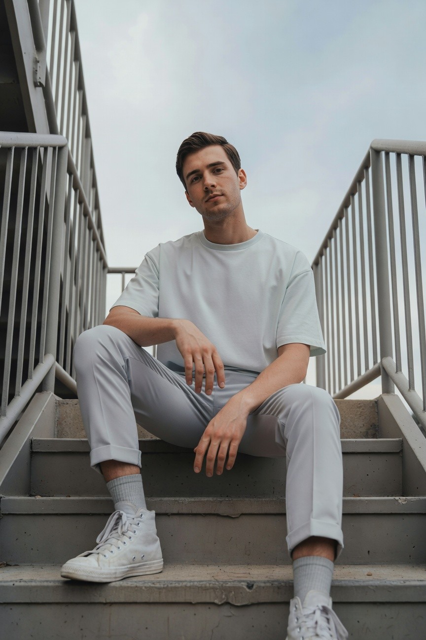 Young man sitting on concrete stairs wearing oversized white t-shirt, light grey slim cuffed pants, white high-top sneakers and grey crew socks, casual off-duty style against metal railings