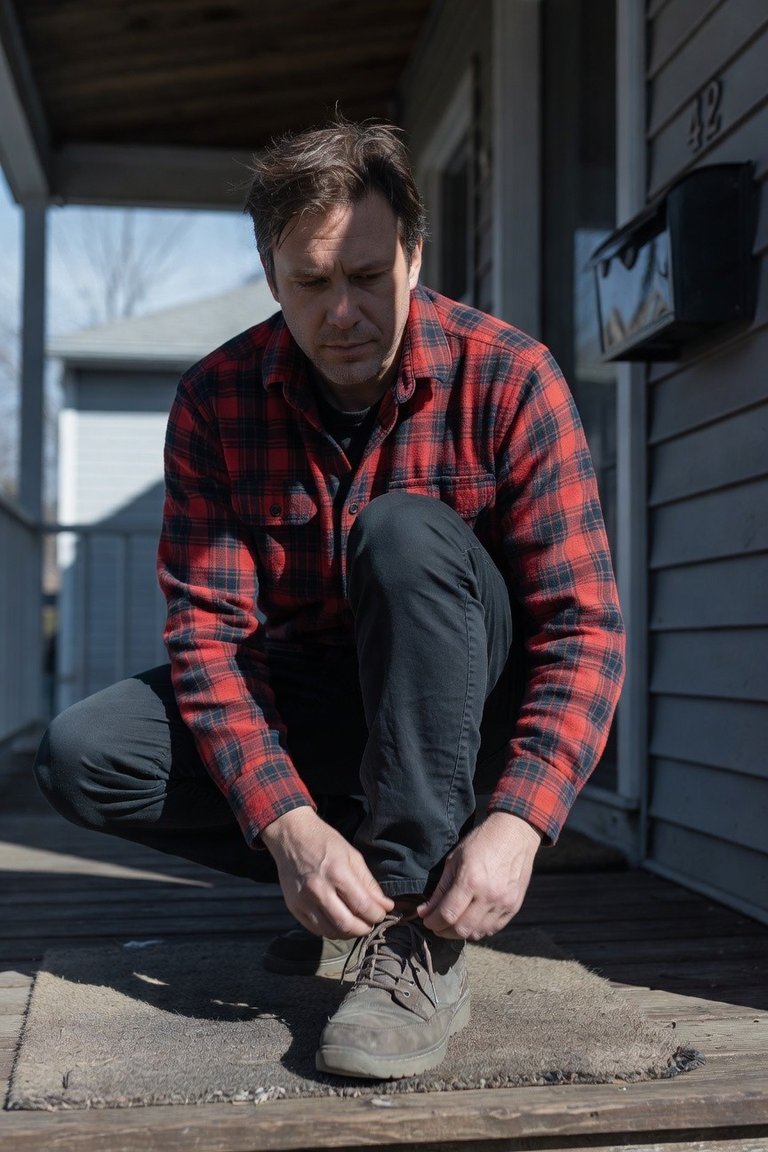 Man in his 40s squatting on a porch tying tan desert boots, wearing open red-and-black plaid flannel shirt over black tee with slim dark grey pants for a laid-back off-duty look